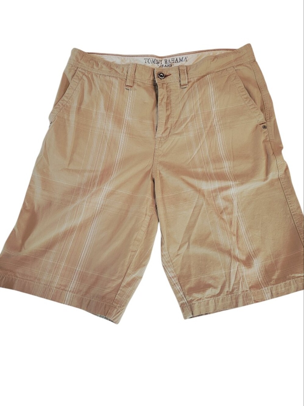 Vintage Tommy Bahama Tan, Orange & Cream Plaid 100% Cotton Shorts Size 36
